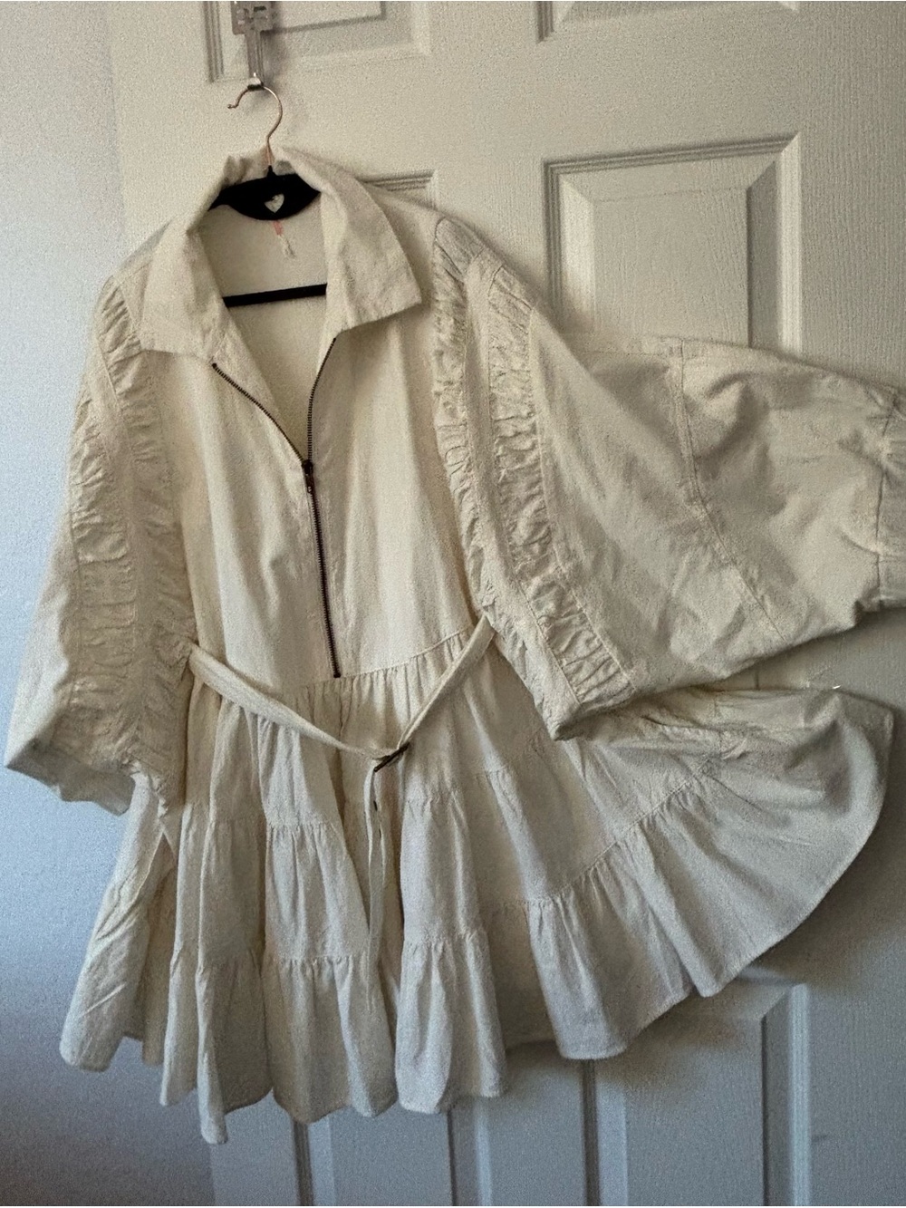 Free People Cream Tiered Ruffle Zip Trench with Tie Waist